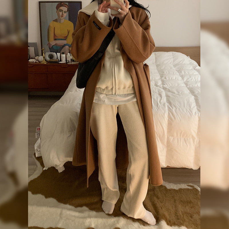 autumn and winter new simple and versatile suit corduroy hooded cardigan long-sleeved Korean sweater two-piece women's clothing