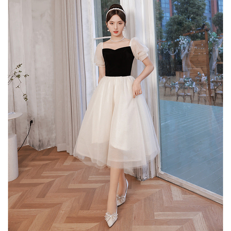 evening dress women's new black velvet small bubble sleeve long dress fairy temperament banquet dress