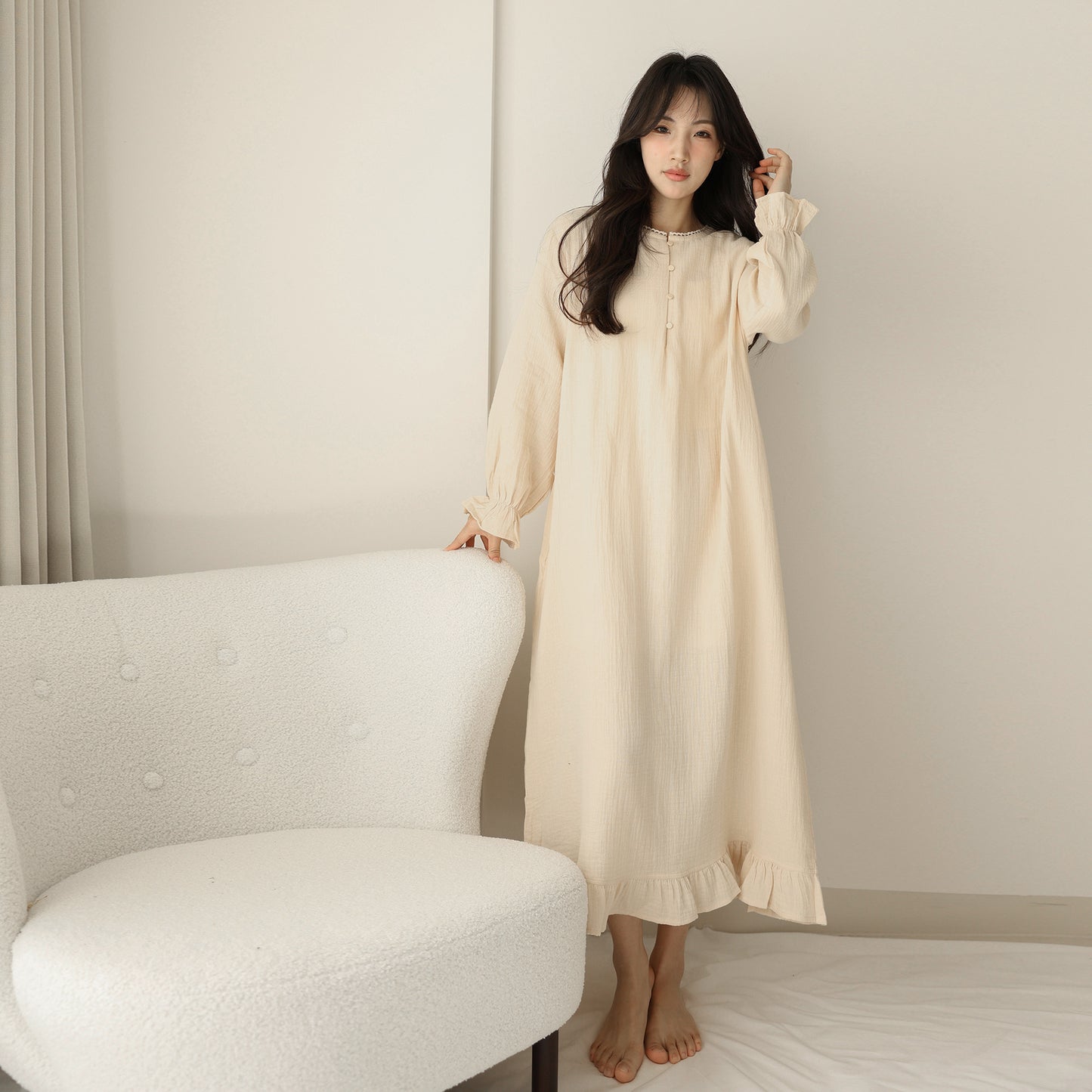 Pure cotton ruffle edge nightdress design sense lace lace splicing neckline sweet long dress lazy style long sleeve loungewear
