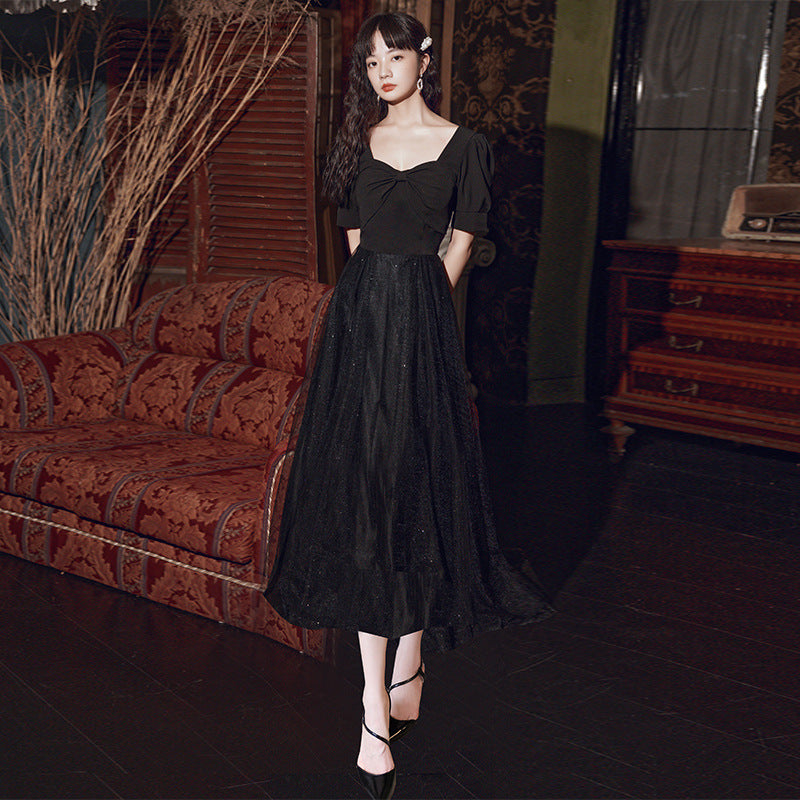 Black evening dress skirt new art exam dress long and thin graduation host chorus performance suit