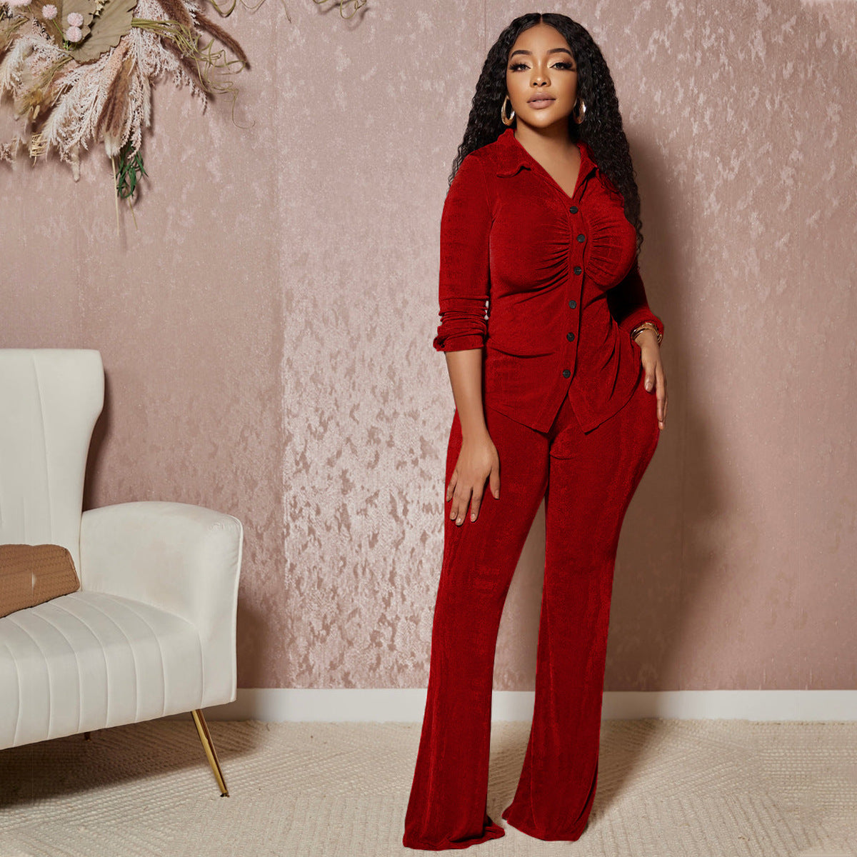 SIXSR T8672 2025 women's fashion velvet lapel collar long-sleeved button-up shirt slim-fit micro-horn trousers set