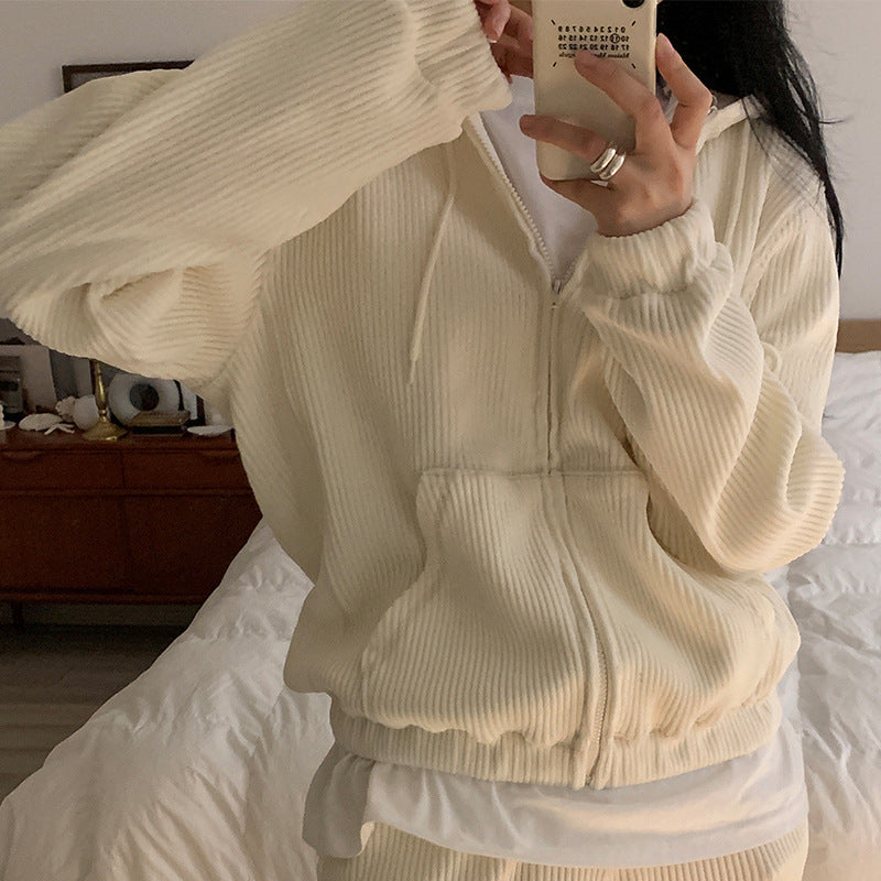 autumn and winter new simple and versatile suit corduroy hooded cardigan long-sleeved Korean sweater two-piece women's clothing