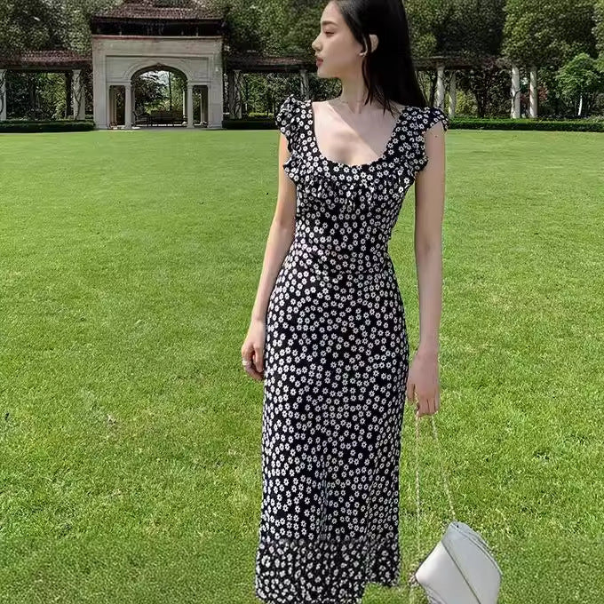 2025 summer sweet lady strap casual sleeveless dress female summer fairy ruffle floral skirt