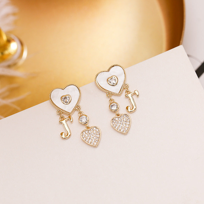 2025 S925 silver needle niche fresh temperament earrings zircon inlay fashion design sense love letter red heart J stud earrings