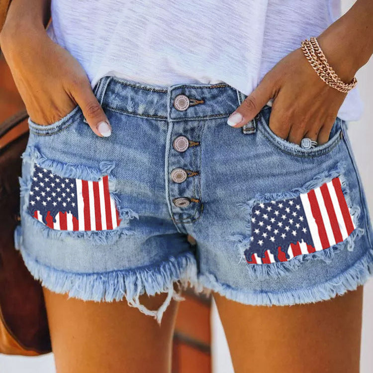2025 popular trend breasted printed patch denim shorts women's New Popular trade hole fringed hot pants wholesale