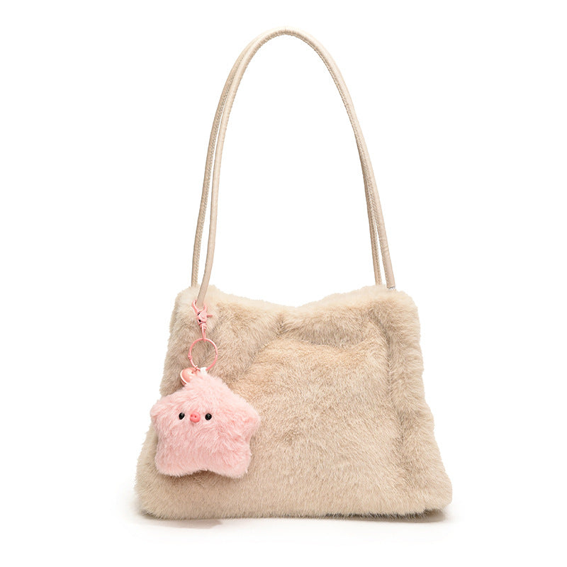 SIXSR 2025 Korean version of fashion plush tote bag popular new large-capacity cute star shoulder bag fluffy girl hand bag
