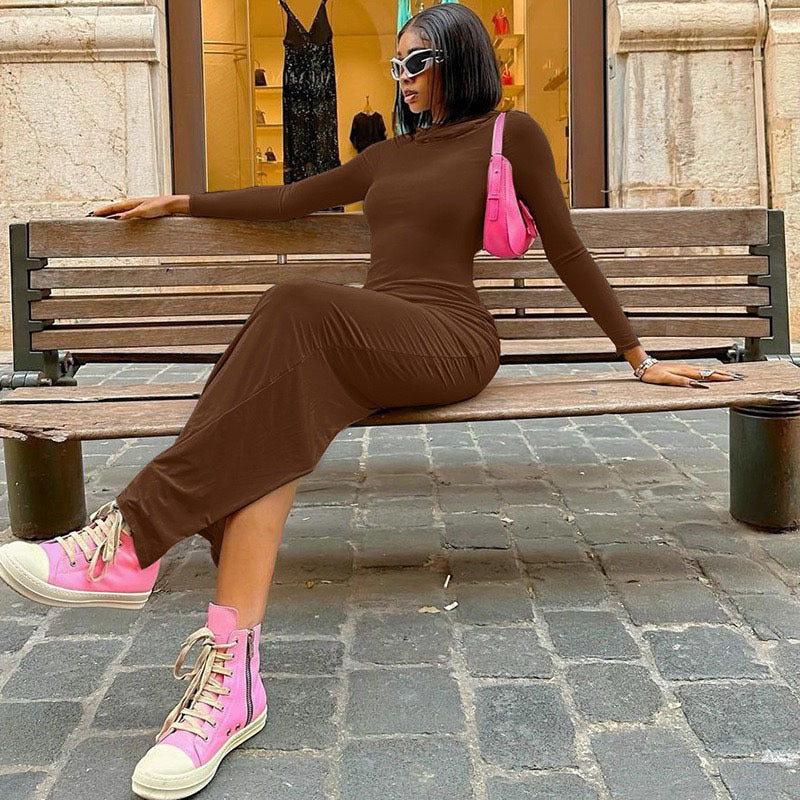 VZYZV 2025 style sexy Spice Girls women's clothing, autumn and winter long-sleeved knitted split-ended hooded long dress ur slim-fitting long-sleeved dress