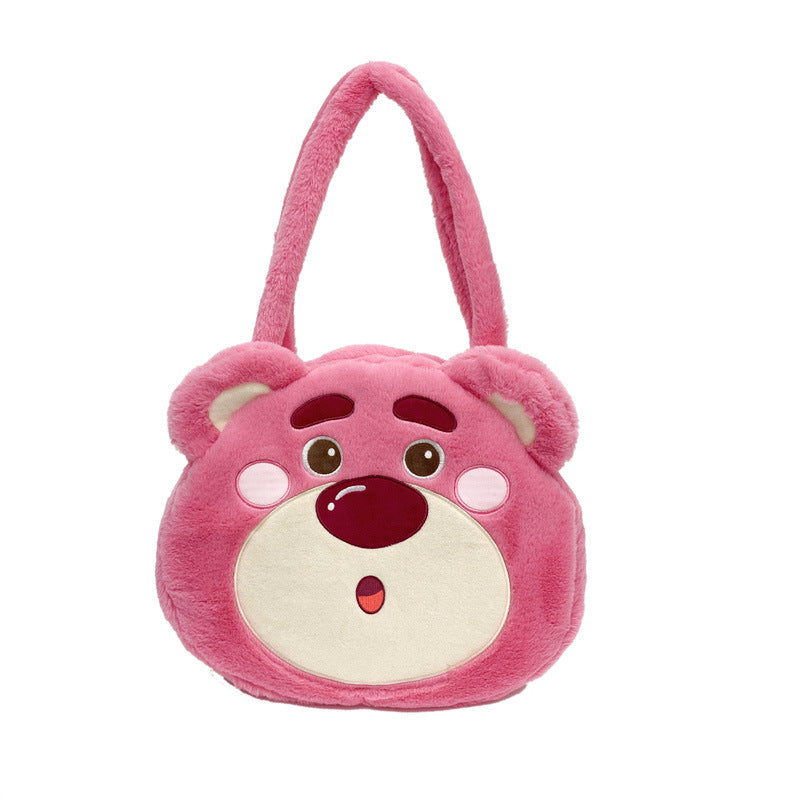SIXSR 2025 Japanese new cute cartoon strawberry bear bag plush bag large capacity tote bag fluffy shoulder bag women's bag