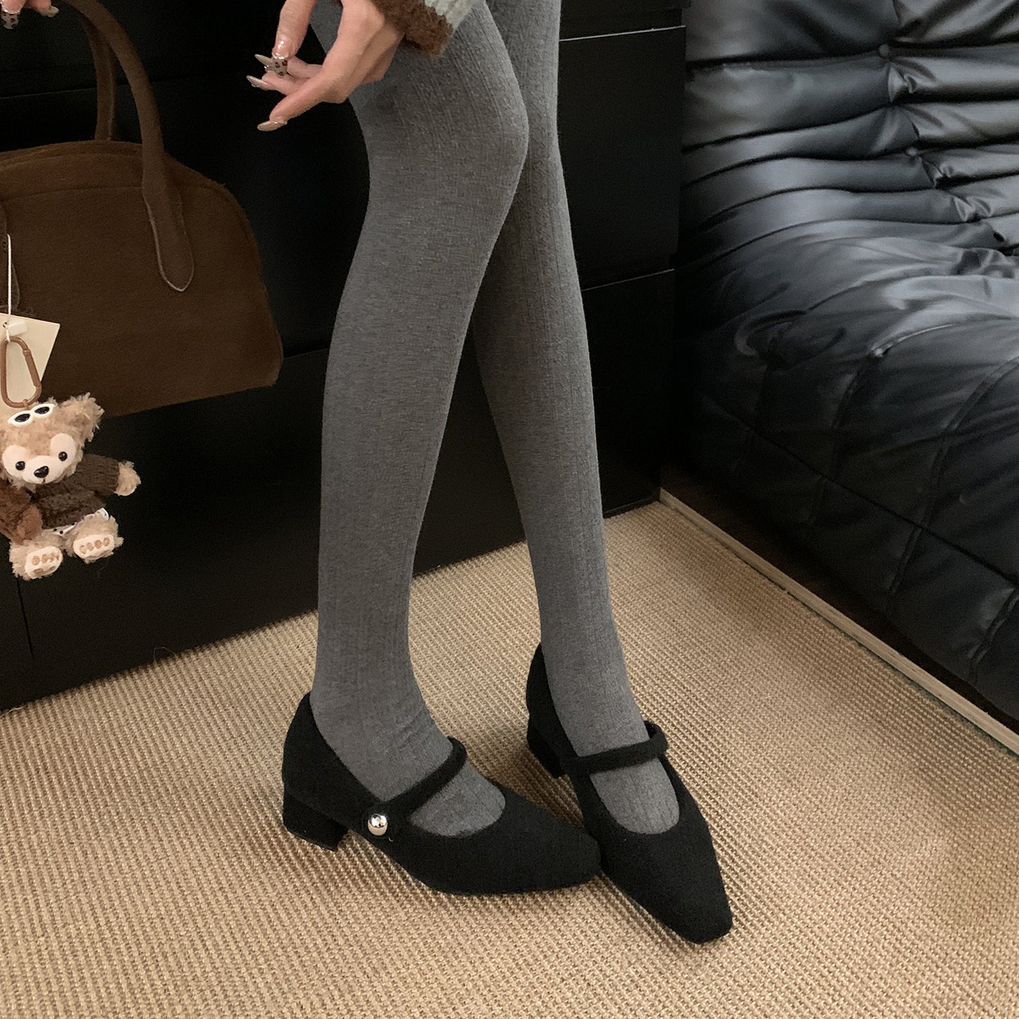 2025 Square head gray thick heel single shoes women's winter temperament velvet evening high heel Mary Jane fluffy shoes