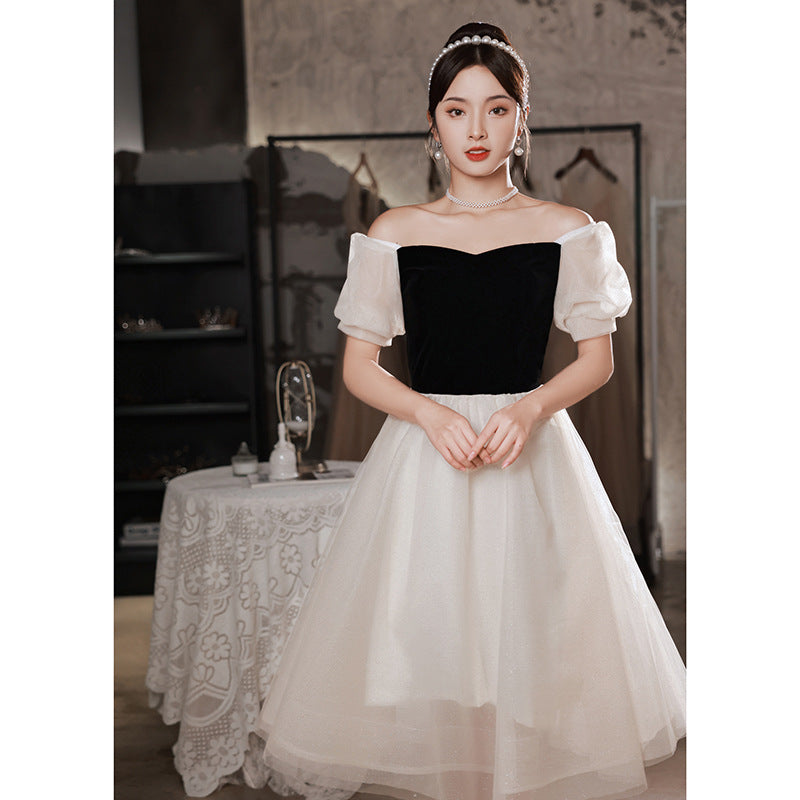 evening dress women's new black velvet small bubble sleeve long dress fairy temperament banquet dress