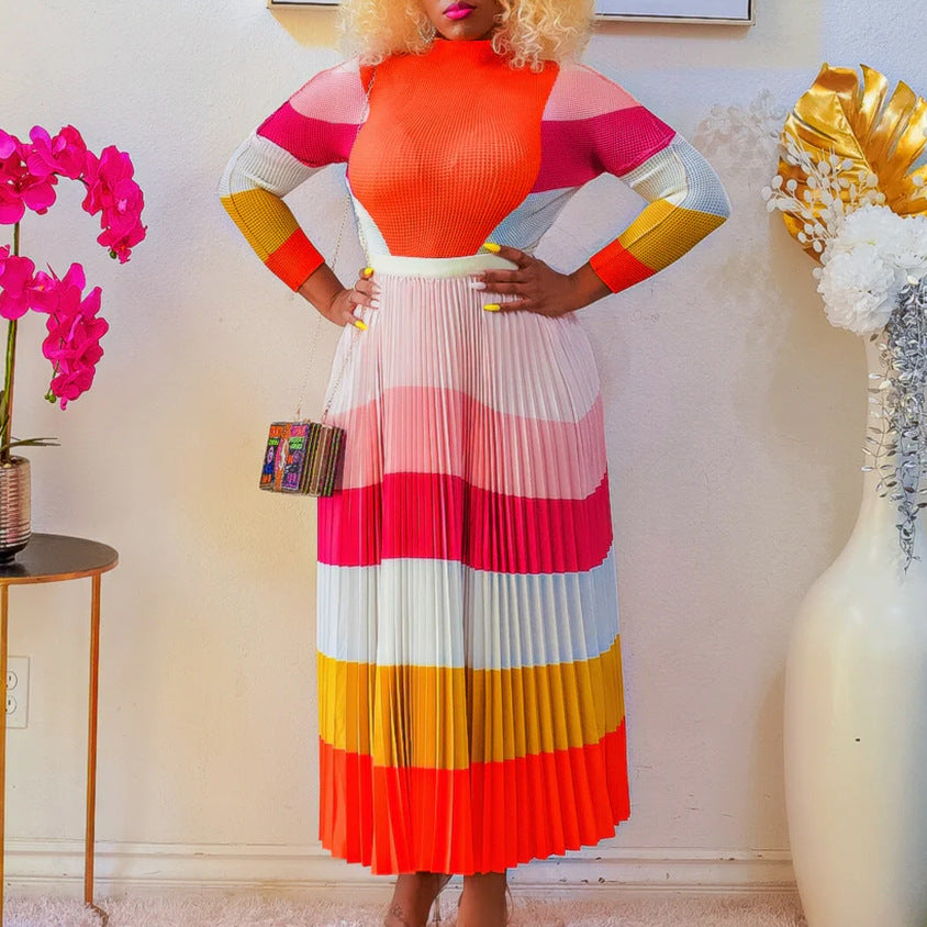 SIXSR D420 autumn pleated print contrasting suit long-sleeved top fashion skirt 2025 two-piece set