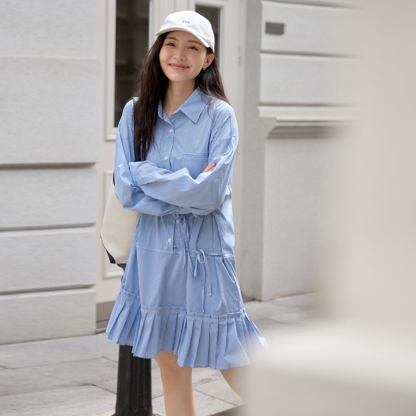 Classic blue striped dress spring new women's clothing lapel single-breasted skirt long-sleeved lace-up shirt skirt