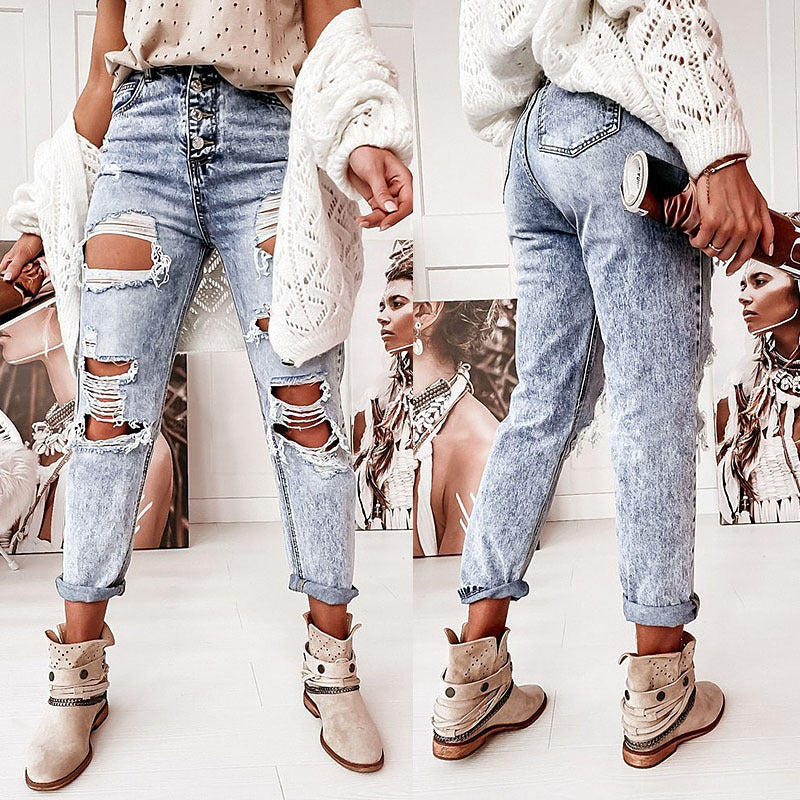 2025 Factory direct purchase wish women's jeans casual straight wash hole middle waist jeans women