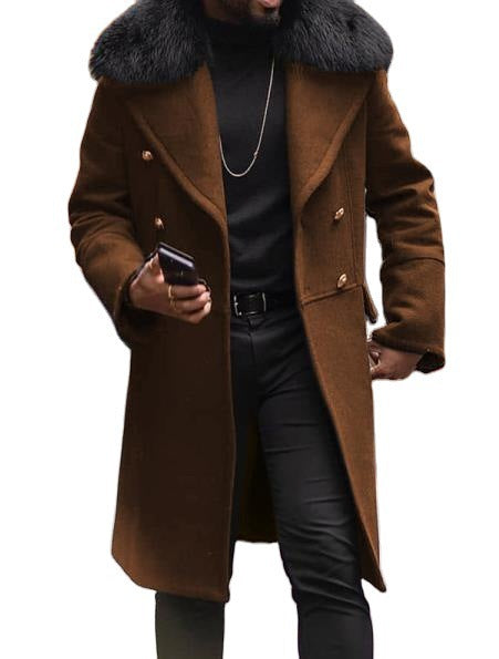 2025 Casual woolen solid color slim-fit double-breasted brown side seam pocket youth spot wool men's coat 6607