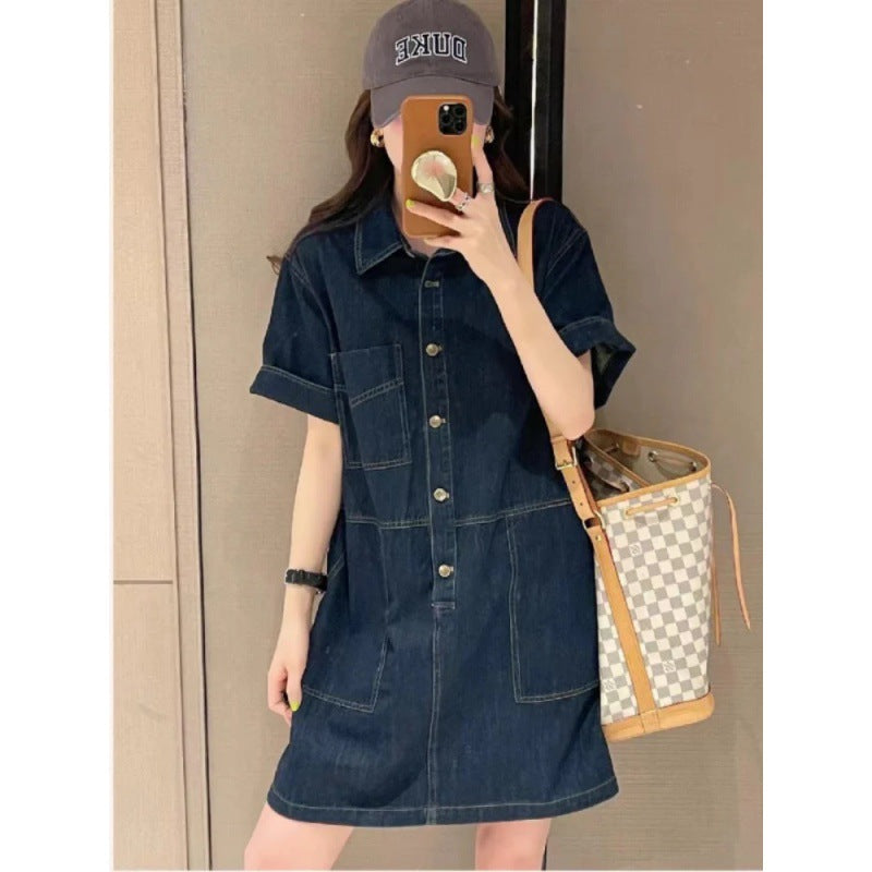 2025 Fashion temperament Hong Kong-style denim dress women's summer new fat sister loose and thin denim skirt