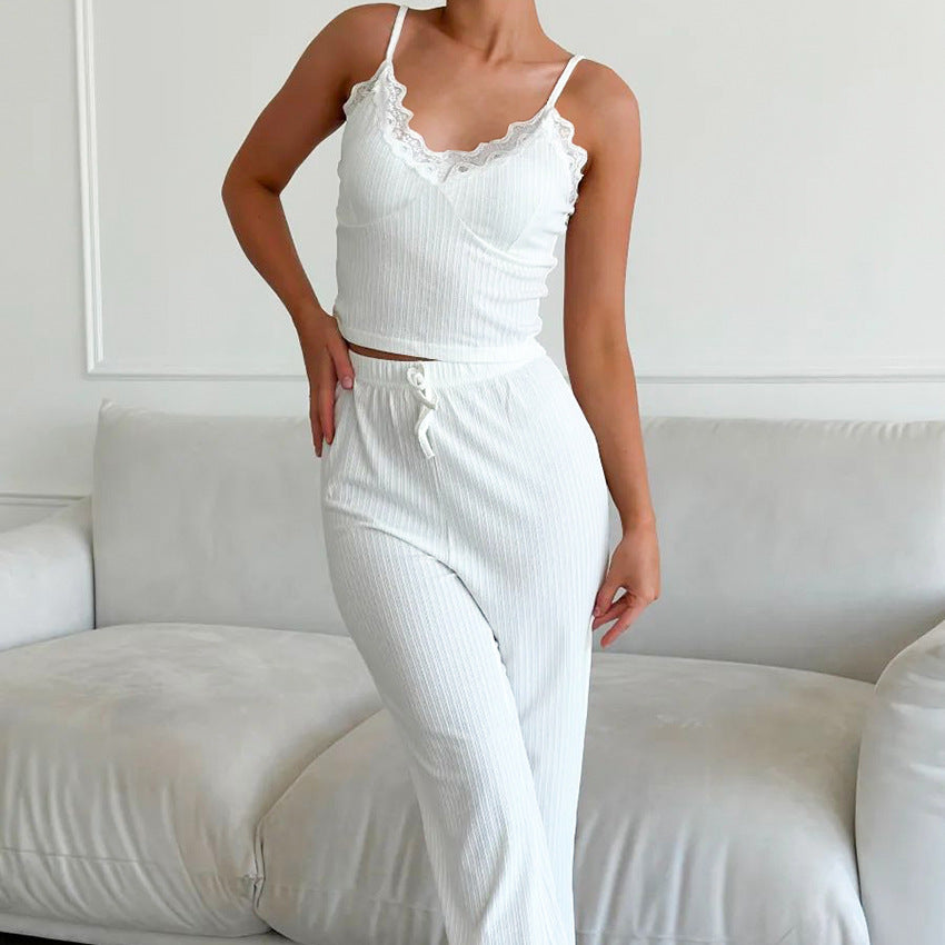 SIXSR 2025 new white knitted splicing lace suspender trousers pajamas women's comfortable and breathable New loungewear