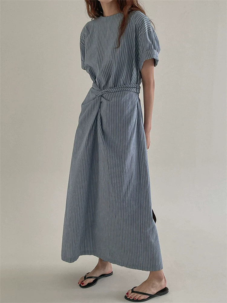 Design cross-strap waist dress women's summer new thin fashion short-sleeved striped long skirt