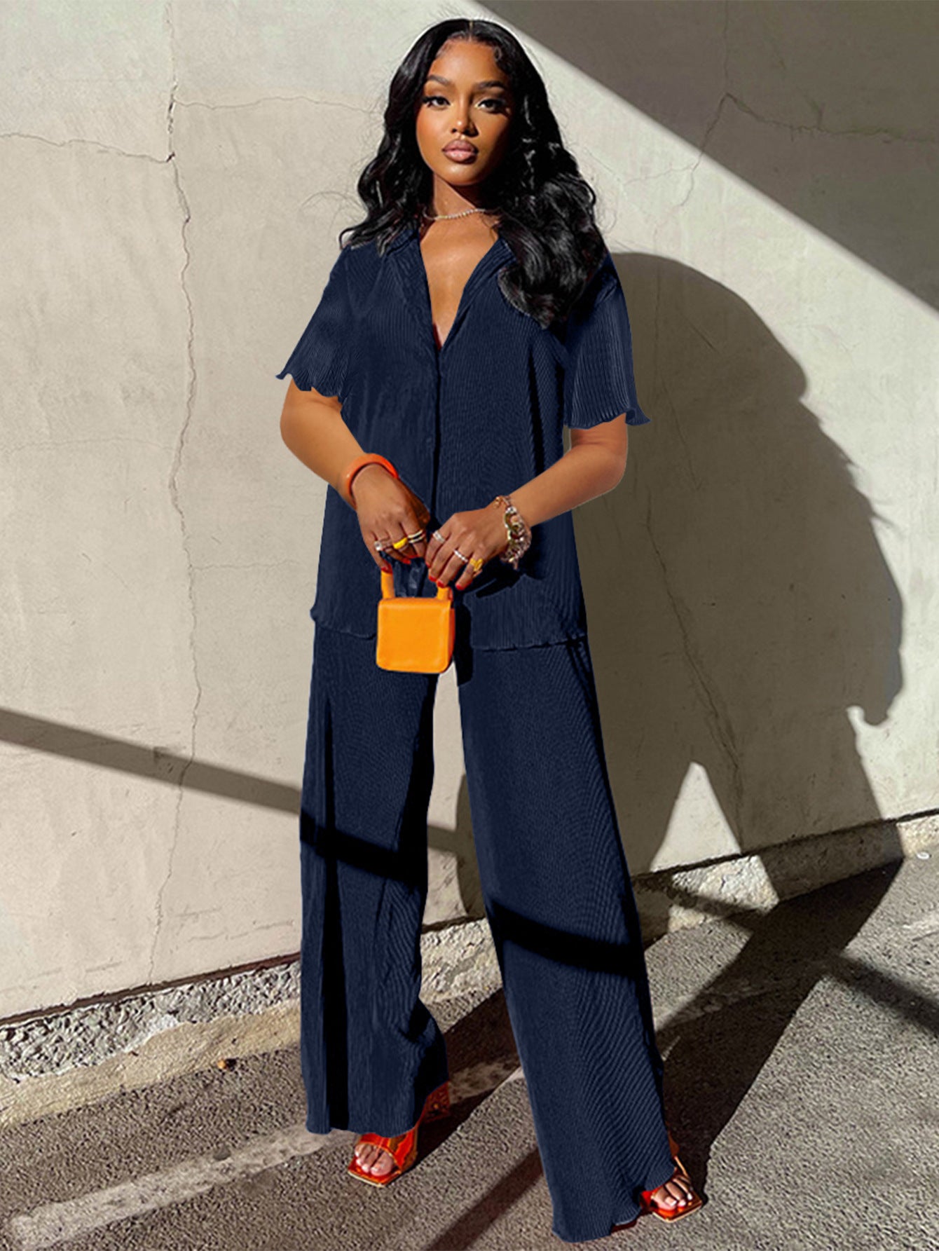 SIXSR T126 Europe and America loose and casual spring and summer fashion pleated short-sleeved shirt wide-leg trousers two-piece set