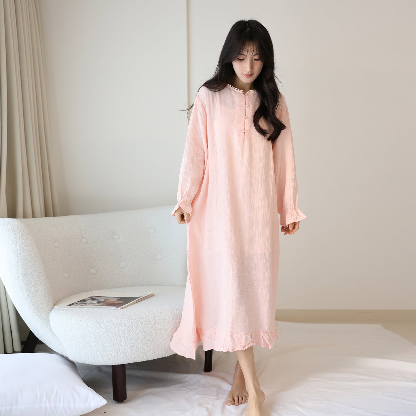 Pure cotton ruffle edge nightdress design sense lace lace splicing neckline sweet long dress lazy style long sleeve loungewear