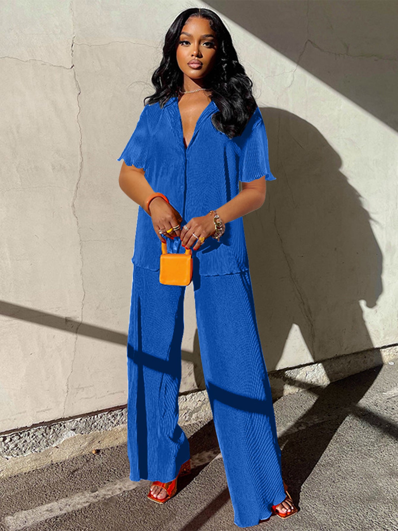 SIXSR T126 Europe and America loose and casual spring and summer fashion pleated short-sleeved shirt wide-leg trousers two-piece set