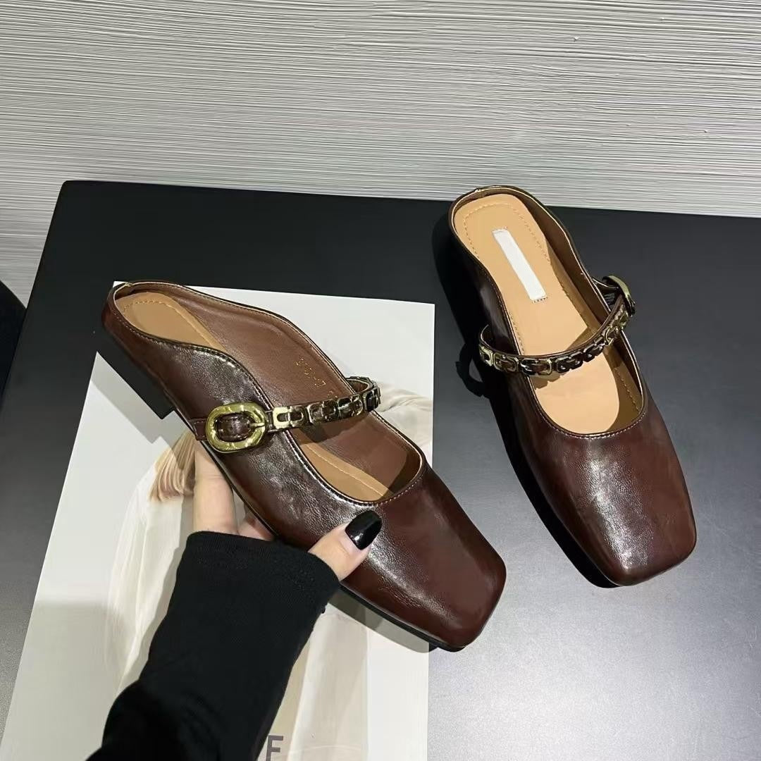 2025 Baotou half slippers women's summer outer wear spring and summer new flat-bottomed lazy Muller slippers soft-soled gentle evening shoes