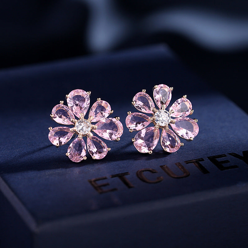2025 South Korea's new purple zircon micro-inlaid silver needle flower earrings, fresh Mori Internet celebrity temperament stud earrings