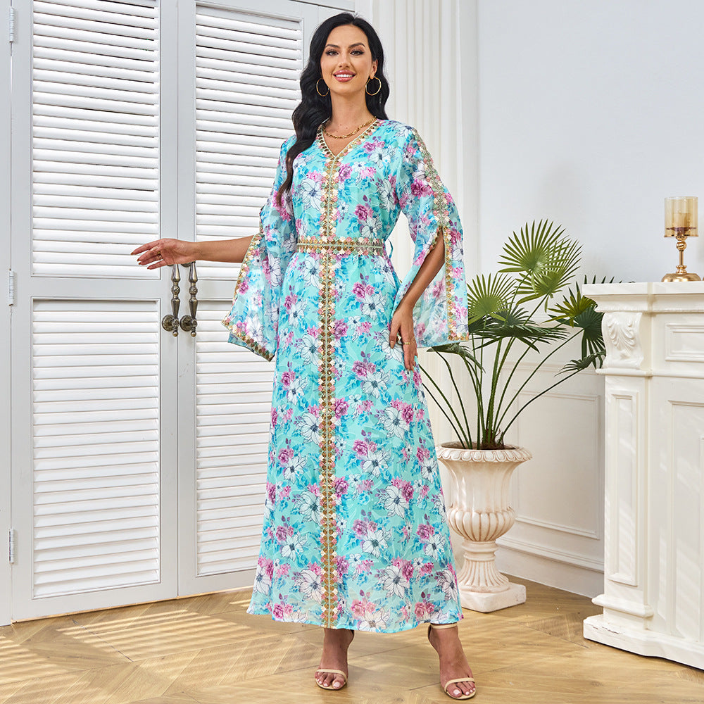 Middle East Muslim robe women's long dress fashion new color pattern V-neck waist split sleeve dress