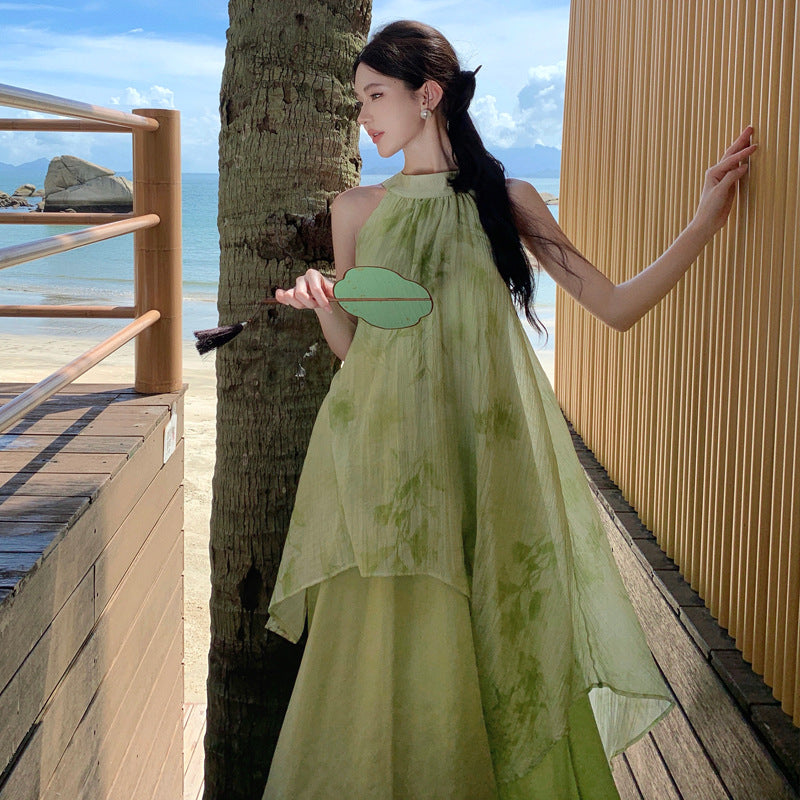 2025 New Chinese neck long dress women's lazy mint mambo irregular pendulum contrasting color national style holiday dress