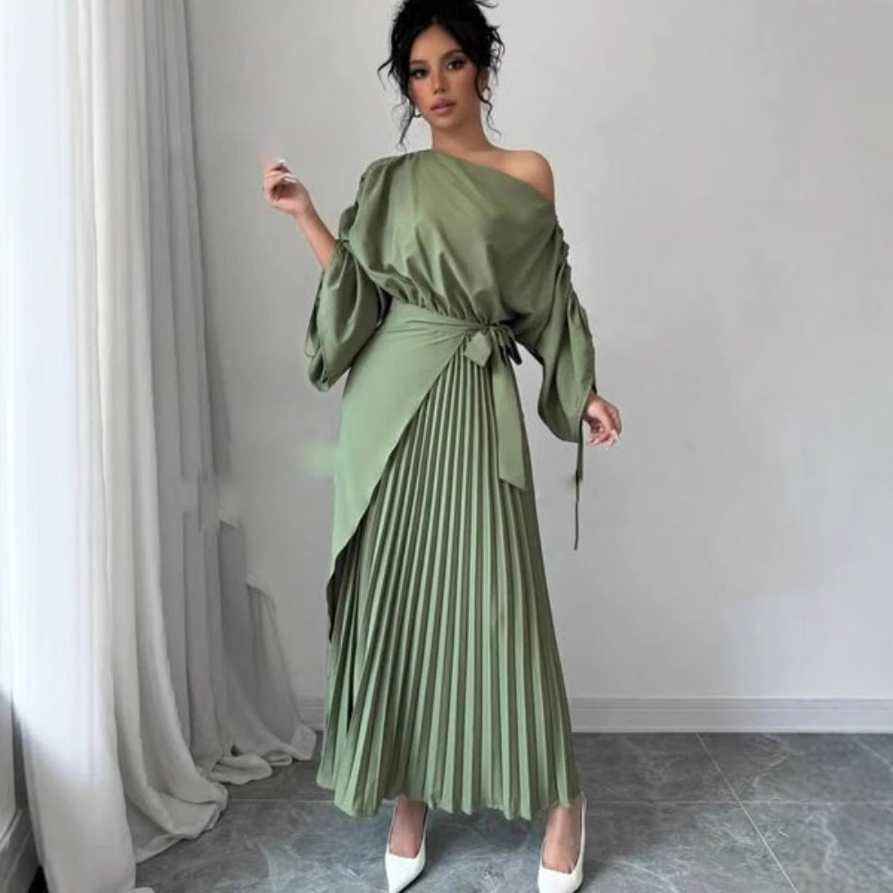 2025 popular autumn and winter New Popular, , Middle East Popular trade women's clothing independent station pleated pendulum belt belt evening dress