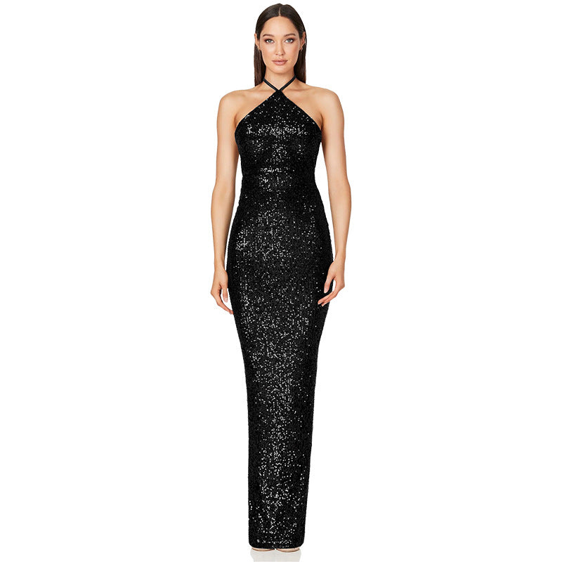 SIXSR 2025 women's sleeveless Spice Girls dress split sequined collar party evening dress wholesale