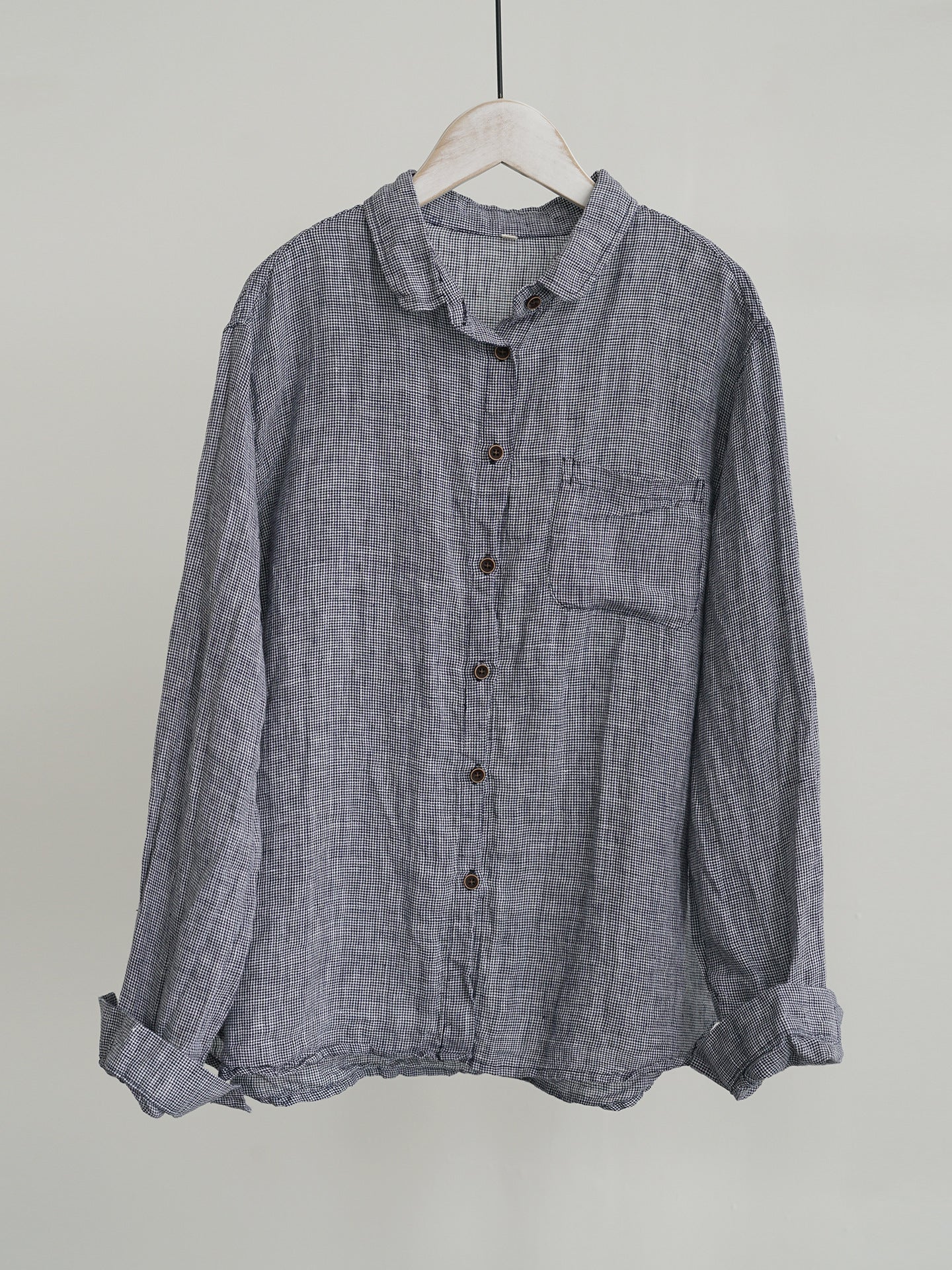 high-quality yarn-dyed linen plaid lapel shirt, literary and retro simple commuter plaid top W24345