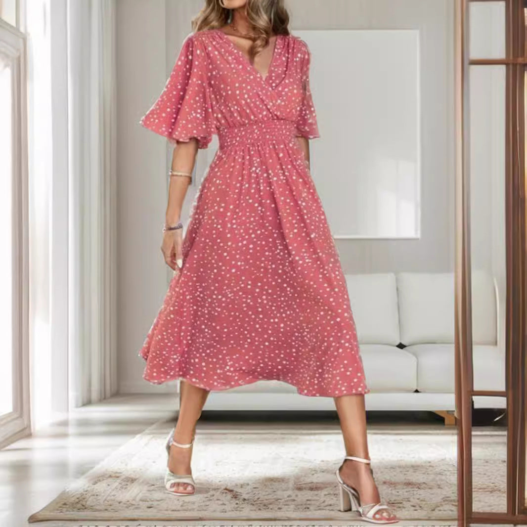 popular 2025 New Popular trade women's clothing independent station polka dot printing V-neck short-sleeved dress