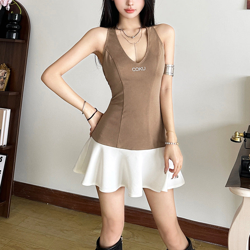 2025 style popular winter new women's clothing contrasting color splicing neck slim ruffle edge letter dress