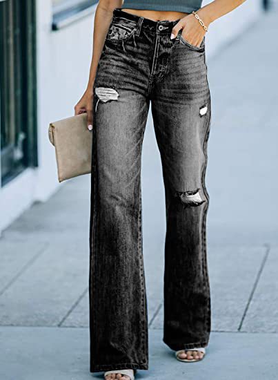 2025 Spot New Popular trade independent station popular autumn casual wide-leg pants mid-waist washing water holes women's denim trousers