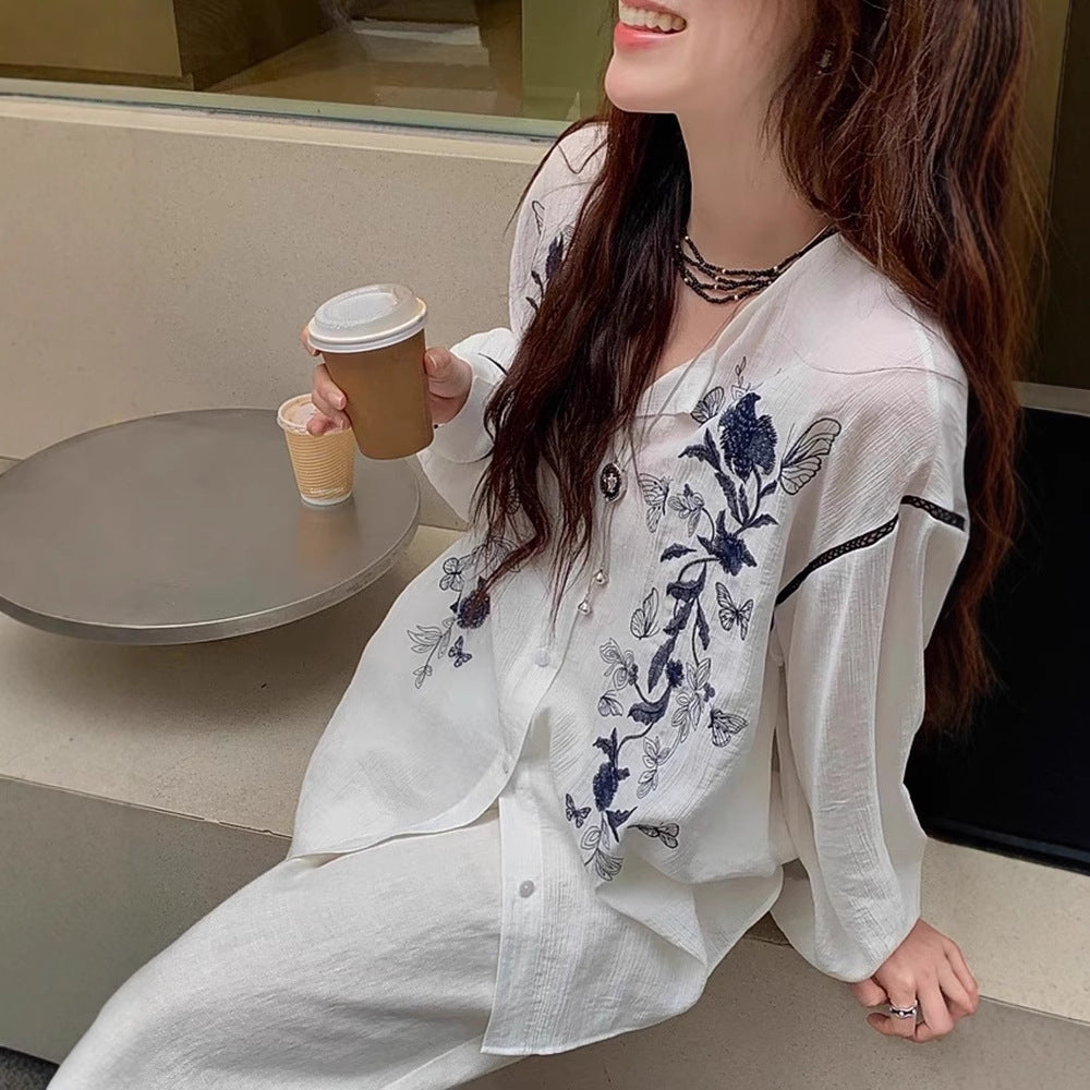 Siyuan hand-painted embroidered ramie shirt women's long-sleeved summer thin splicing lace wrinkled round neck loose shirt 7877