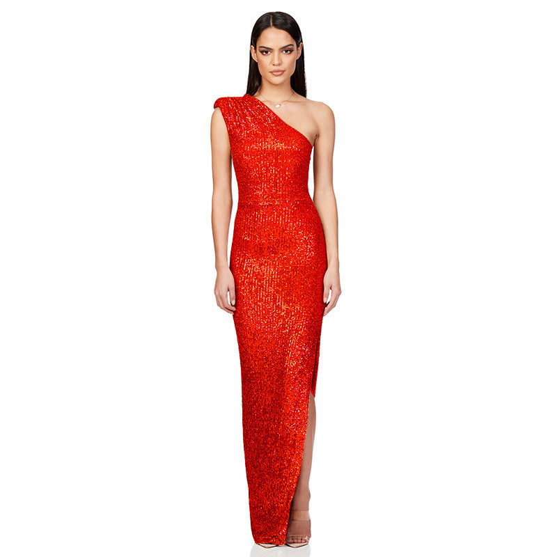 SIXSR 2025 Skirt summer women's clothing INS sleeveless one-shoulder split sequined long dress 2025 temperament dress women's wholesale