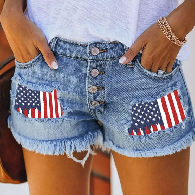 2025 popular trend breasted printed patch denim shorts women's New Popular trade hole fringed hot pants wholesale