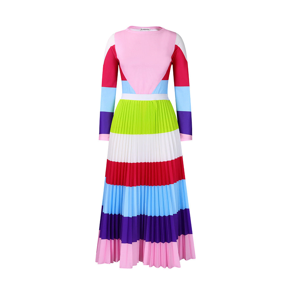 SIXSR D420 autumn pleated print contrasting suit long-sleeved top fashion skirt 2025 two-piece set