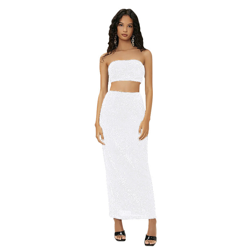 SIXSR 2025 Spice Girls Suit Women's Clothing Tube Top Sequin Suit Skirt Split Fork Fashion Light Ripe Two-piece Suit Women's Wholesale