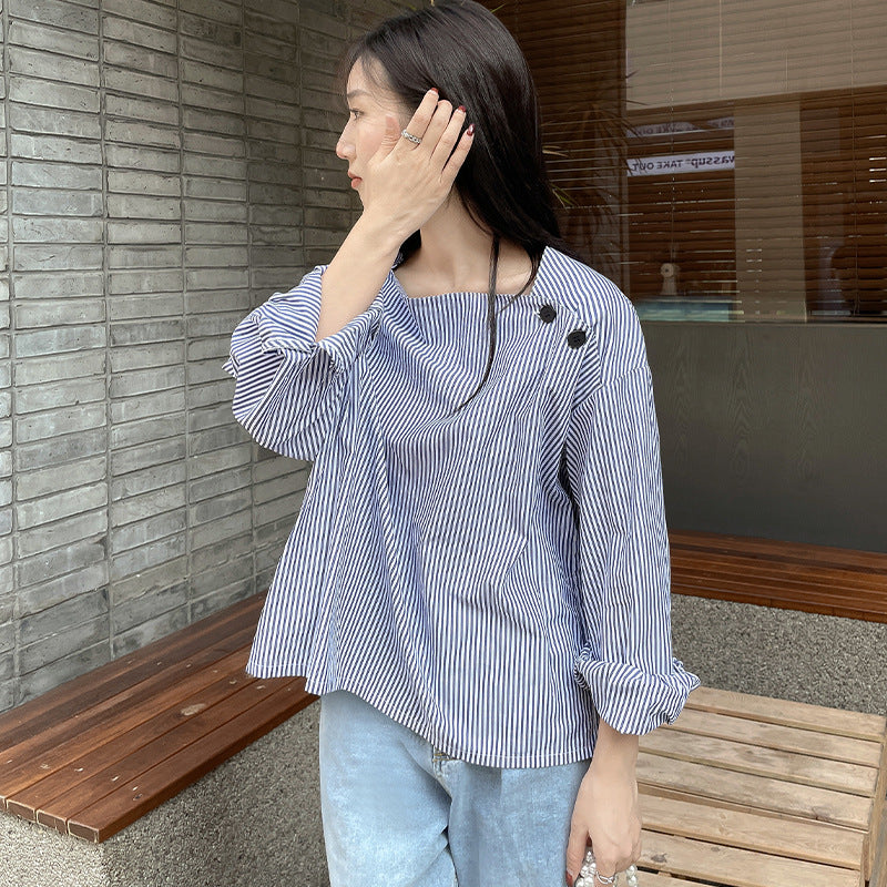 Spring New Striped Shirt Women's Fashion Square Neck Design Sense Long Sleeve Pullover Thin Room Strip Shirt Women's