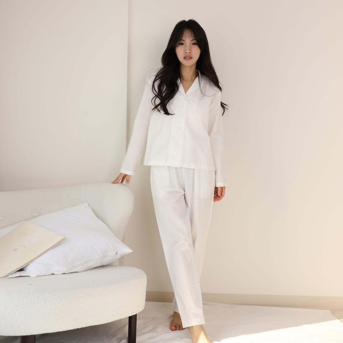 Lazy casual pure cotton women's loungewear three-dimensional cut flower high-end pajama set, flip-neck long-sleeved two-piece set