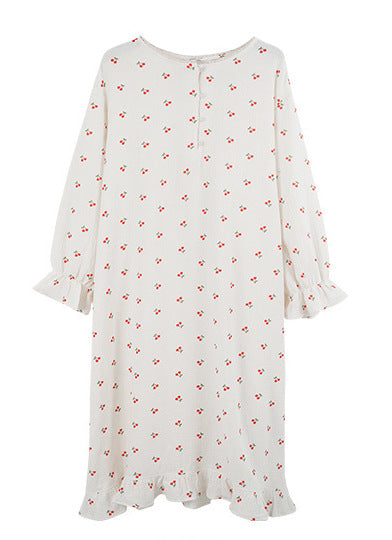 Pure cotton ruffle edge nightdress design sense lace lace splicing neckline sweet long dress lazy style long sleeve loungewear