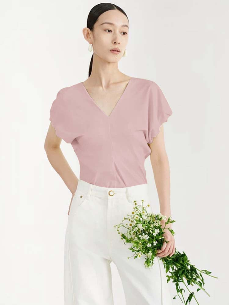 Siyuan, high-definition stand-up cut V-neck handmade bud sleeve T-shirt long-staple cotton women's design short-sleeved top women's 7043