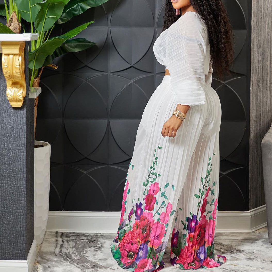 SIXSR Hot trade fashion suit popular new women's V-neck bat-sleeved chiffon top pleated wide-leg pants New two-piece set