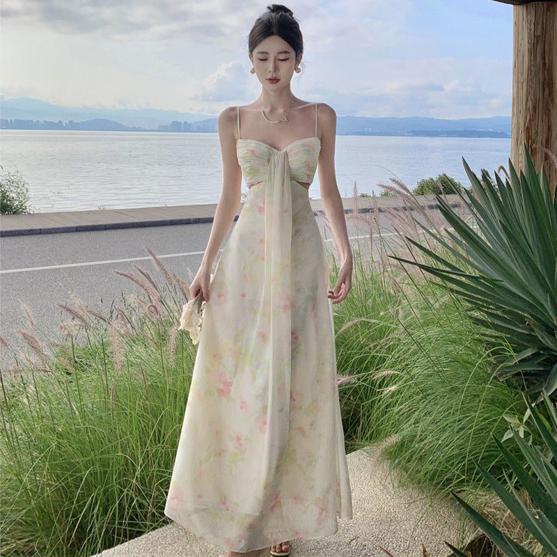 2025 Seaside wear suspender long dress high sense women summer vacation wind waist tube top dress floral chiffon beach dress