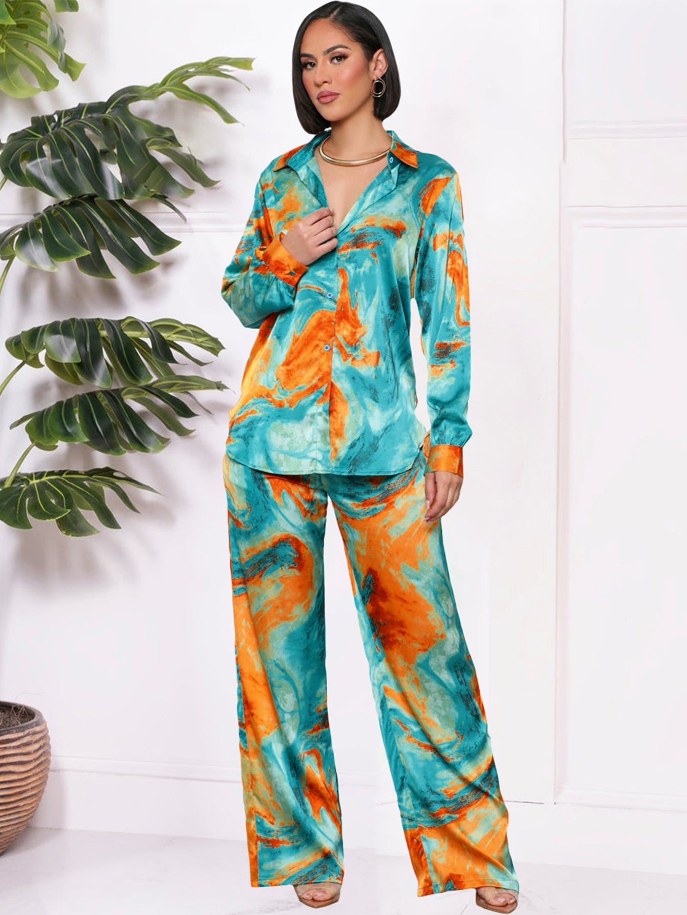 SIXSR T036 2025 women's clothing retro geometric printing lapel loose shirt autumn fashion versatile lace-up collection