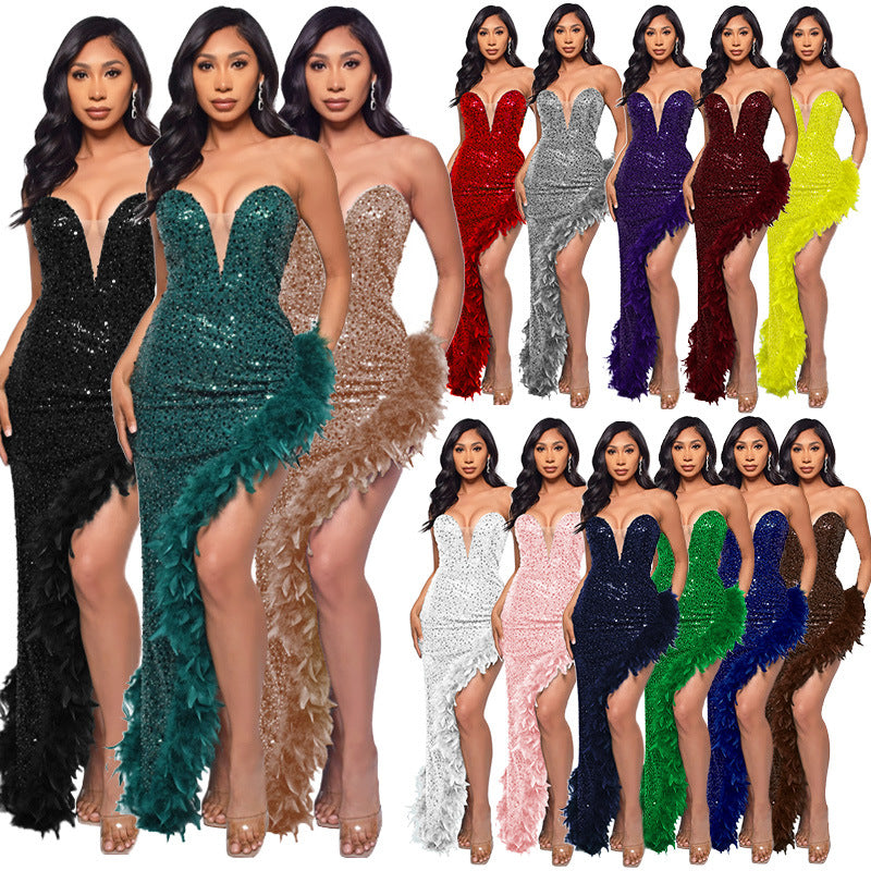 SIXSR 2025 OEM women's summer skirt high-end long dress 2025 trade tube top backless sequined feather dress wholesale