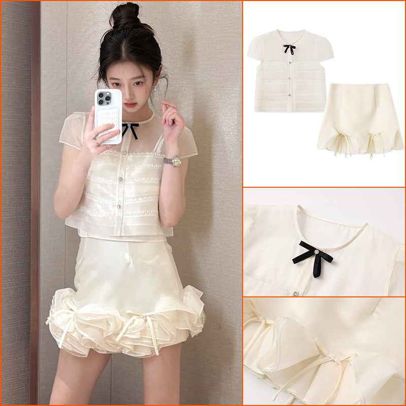 Summer 2025 New Temperament Fashion Diamond-encrusted Short Top High Waist Splicing Skirt Two-piece Set Women's N3044
