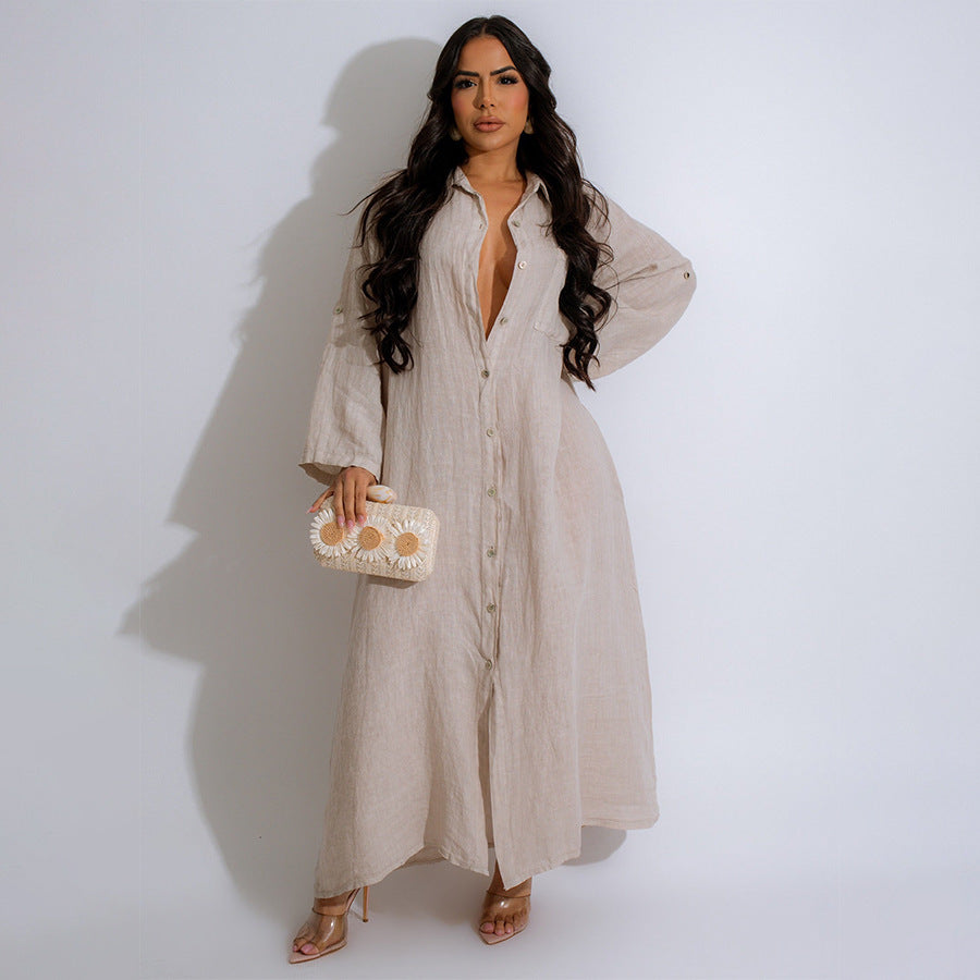 SIXSR T067 Spring and Autumn Casual lapel comfortable dress, fashionable long-sleeved pocket single-breasted shirt dress
