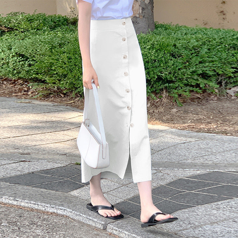Skirt, medium and long summer women's clothing, Japanese blue skirt, elastic waist, hip-wrapped breasted design, over-the-knee A-shaped skirt
